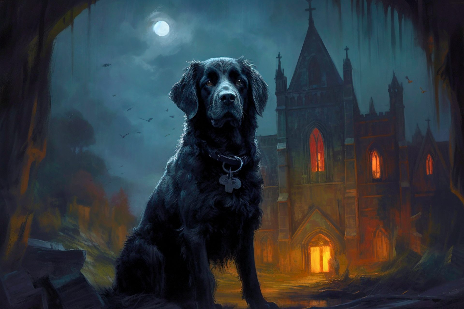 A large black dog sitting in front of a stone church, at night.