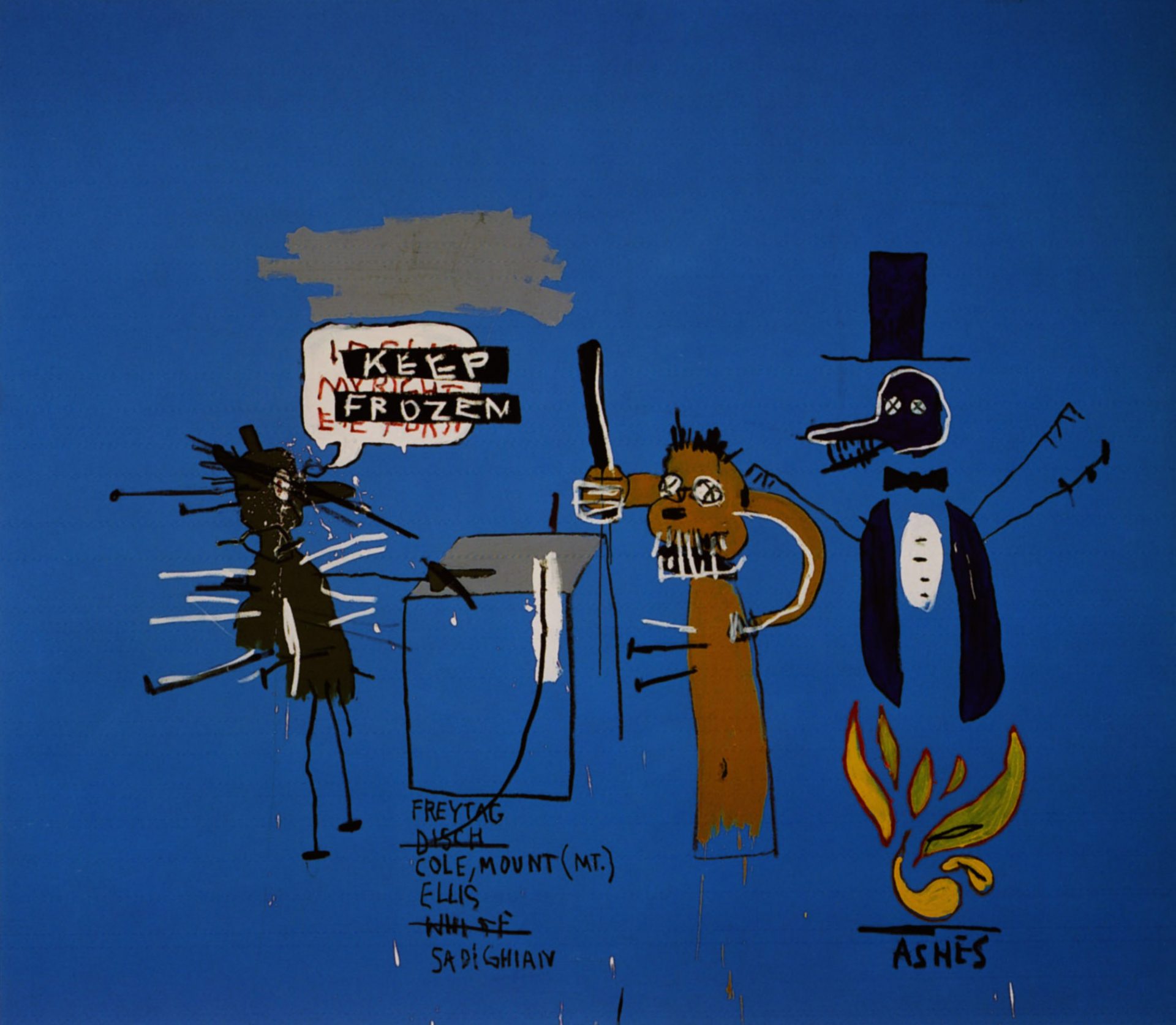 Three vibrant, abstract dingoes stand against a cerulean blue background in Jean-Michel Basquiat's 1988 work “The Dingoes That Park Their Brains With Their Gum”. Their bold forms seem to float, suggesting the power and intensity of Basquiat's street art origins.