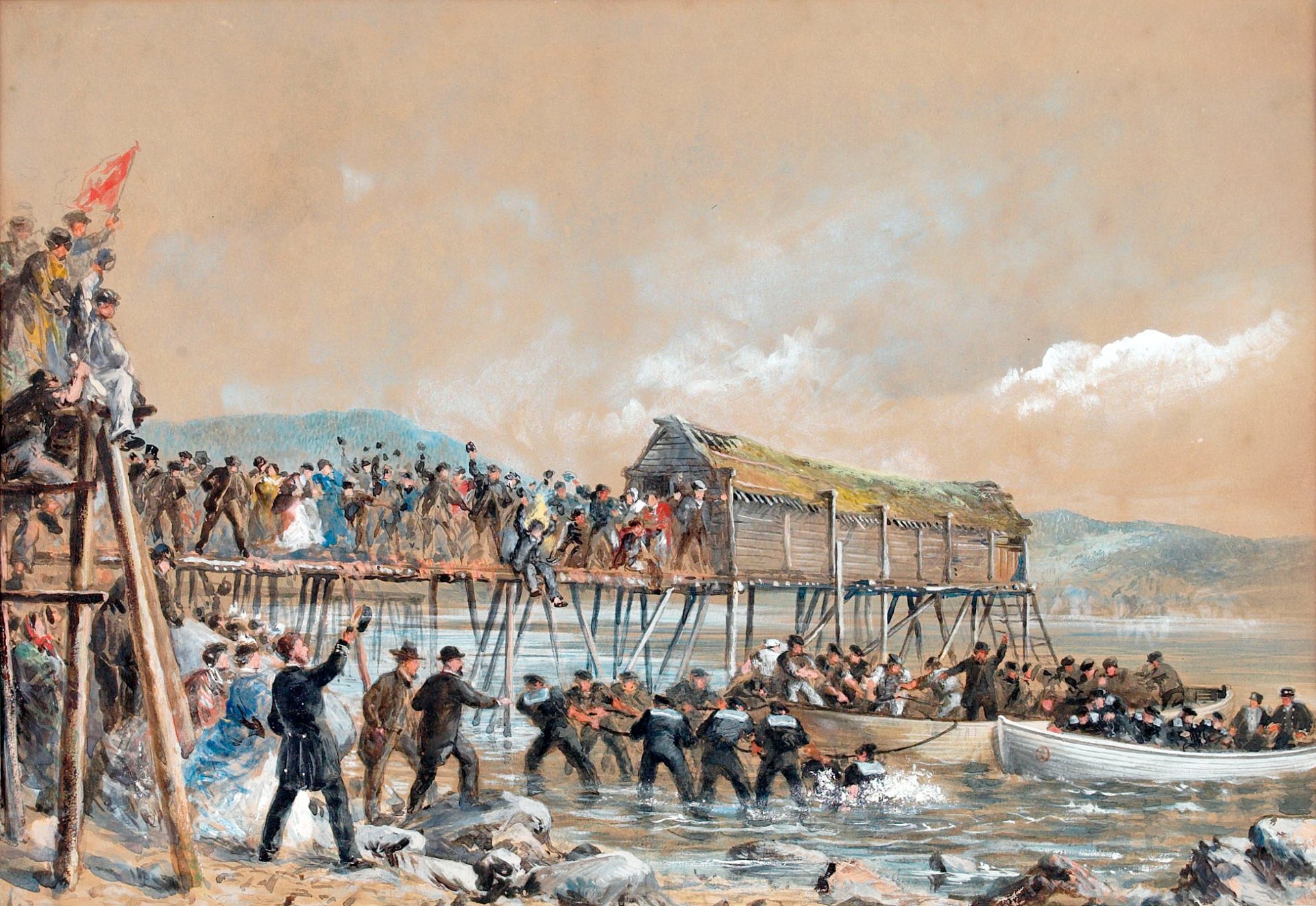 A 19th century painting of a historical event where a transatlantic telegraph cable was connected between Europe and North America. The painting shows a crowded wooden pier with people holding a red flag, a boat carrying the cable, and a mountainous landscape in the background.