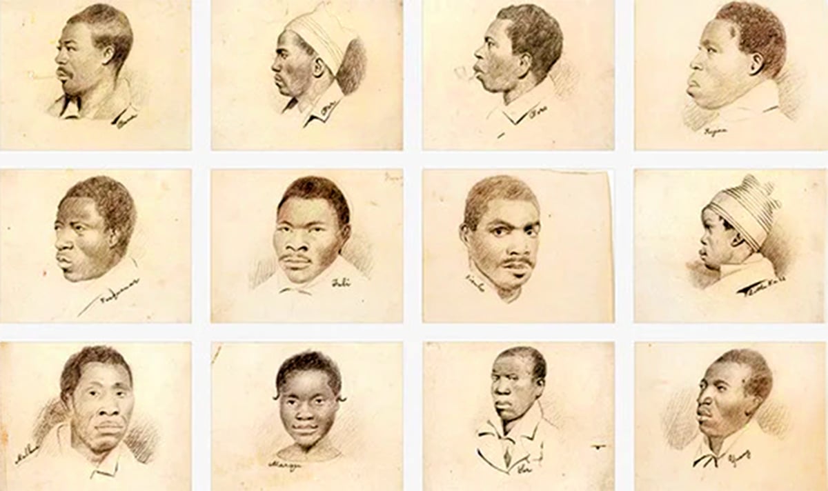 A collage of twelve pencil drawings of the Amistad captives depict distinct individual portraits.