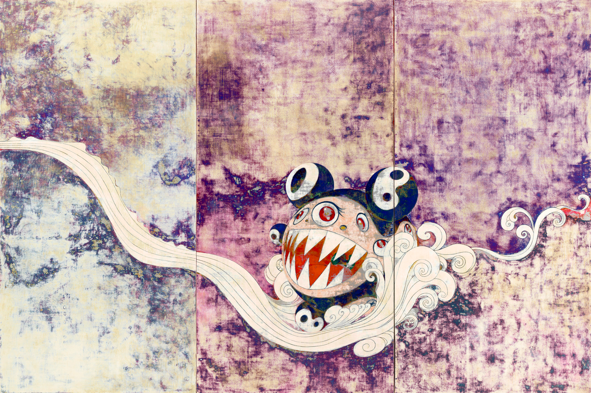 Artwork titled “727” by Takashi Murakami. The piece presents a vibrant triptych with a textured, multi-colored background that transitions from pastel blues to deep purples. Dominating the central panel is a whimsical, wide-eyed creature with pronounced fangs, large circular eyes, and an animated facial expression. The creature is intricately adorned with swirls and patterns, and it seems to emerge or float amidst a cascade of white, wave-like ribbons that gracefully flow through the composition.