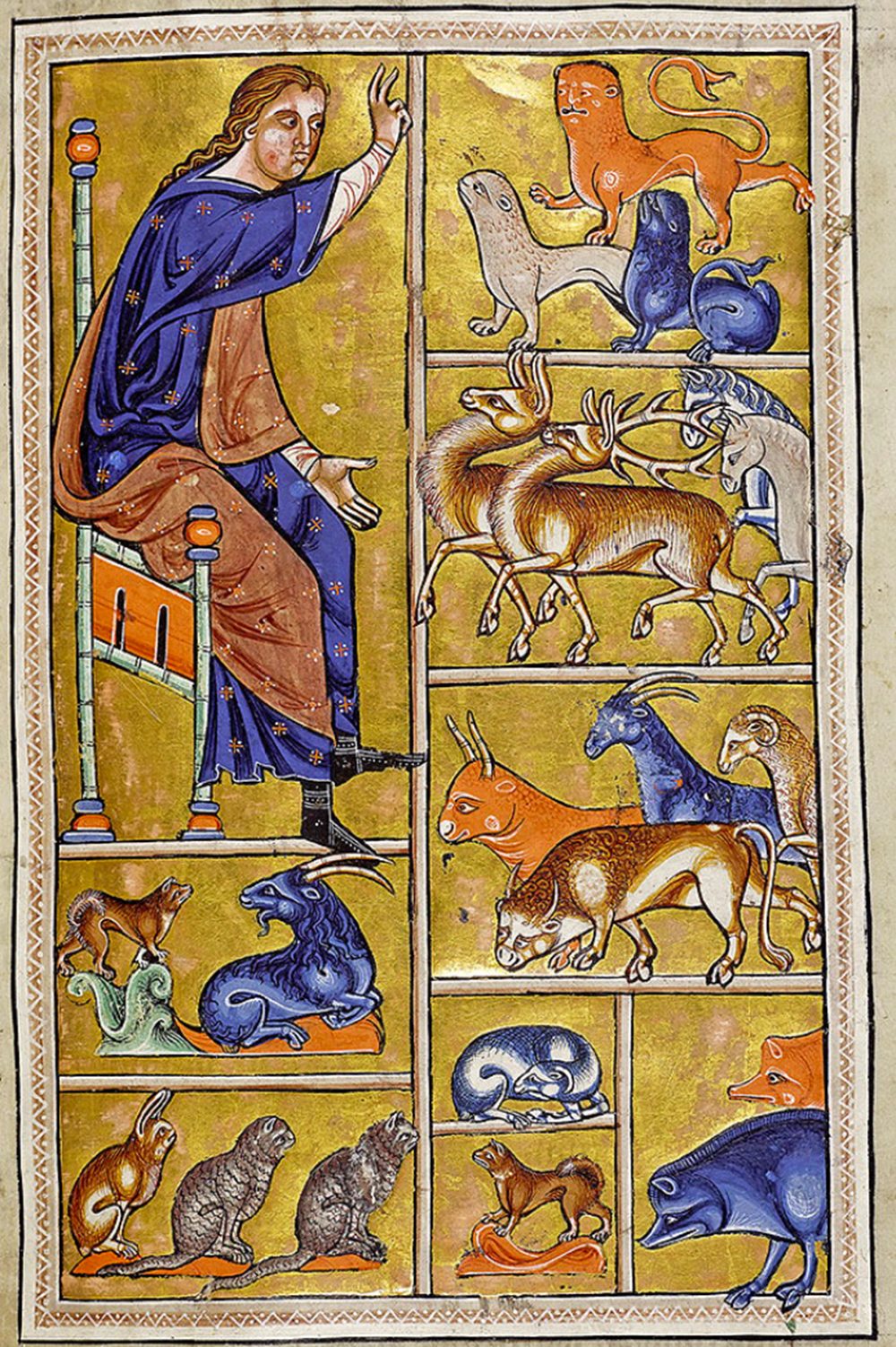 A page from the Aberdeen bestiary book, featuring a variety of fantastical animals of various shapes and colors.