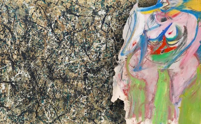 An abstract expressionism painting with a black and white splatter on the left and a colorful figure on the right.