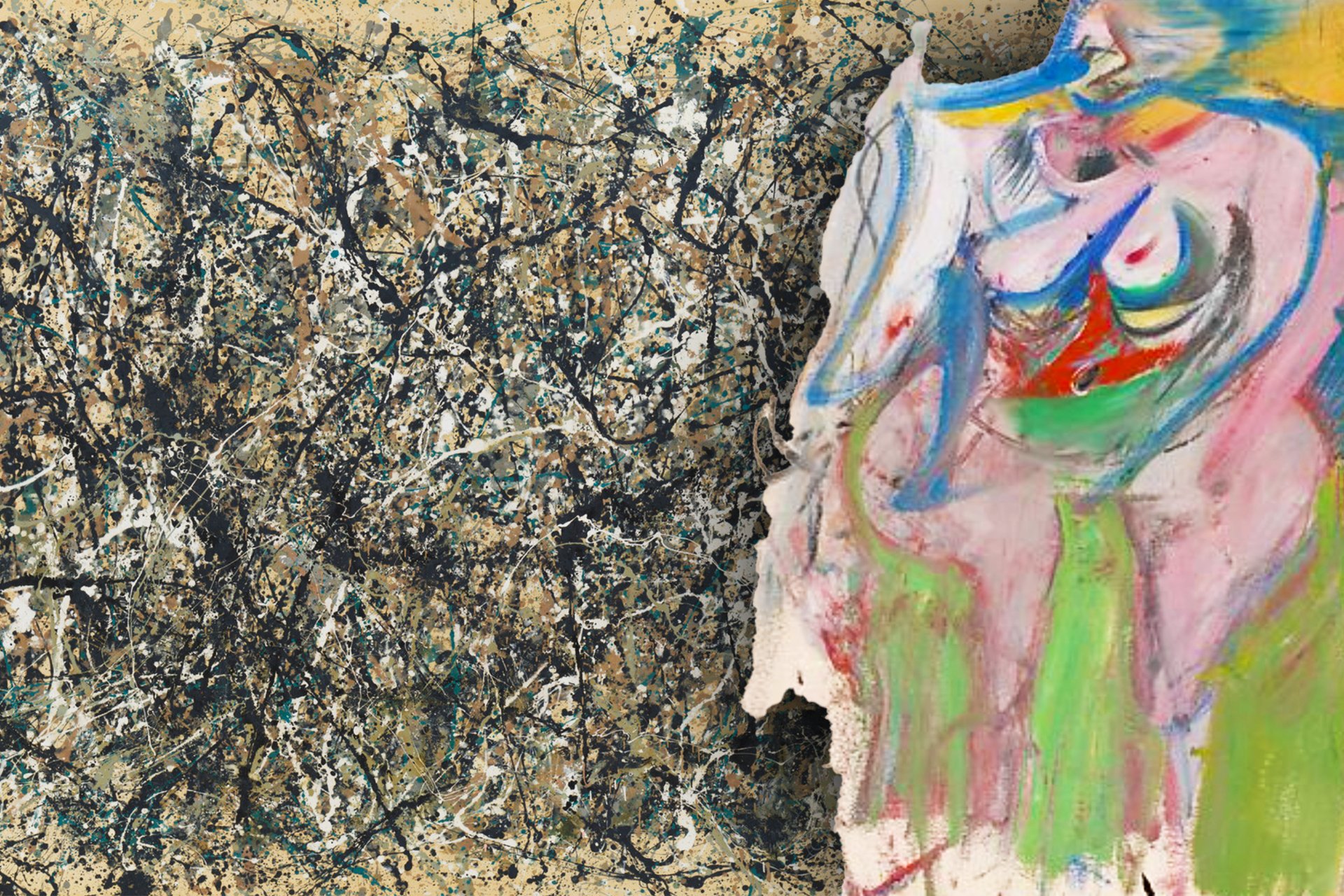 An abstract expressionism painting with a black and white splatter on the left and a colorful figure on the right.