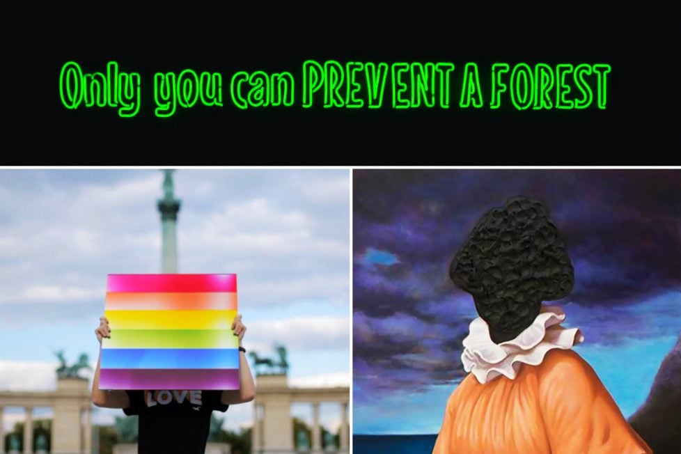 A collage of three images that contrast different messages and styles. The top image is a black background with green text that reads “Only you can PREVENT A FOREST”, a twist on the slogan of Smokey Bear, a mascot for forest fire prevention. The middle image is a photo of a person holding a rainbow-colored sign that reads “LOVE” in front of a monument, expressing support for LGBTQ+ rights. The bottom image is a painting of a person wearing an orange outfit and a white ruffled collar, resembling, with a dark sky in the background, creating a sense of mystery and drama.