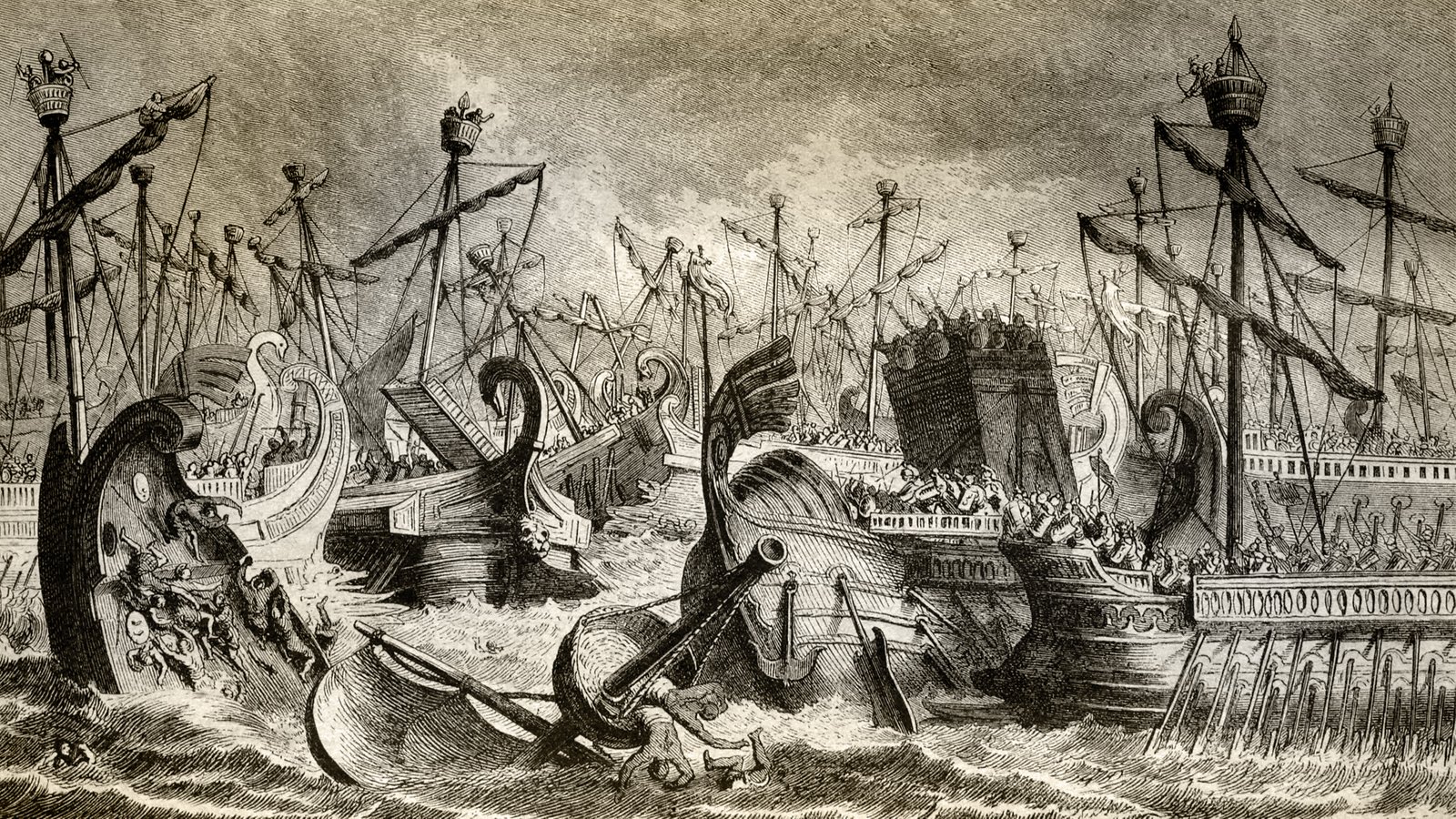 Black and white illustration of a naval battle scene with multiple ships, cannons, smoke, fire, boats, and people in the ocean representing Roman victory over the Carthaginian fleet at the Battle of the Aegates Islands.