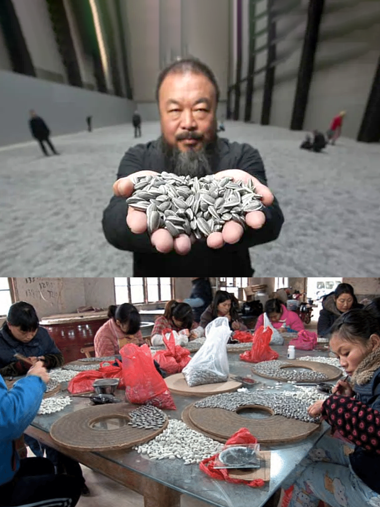 A collage with a top and bottom half, at the top featuring Ai WeiWei extending his arms towards the camera his hands full of sunflower seeds, at the bottom numerous workers are hand painting sunflower seeds.