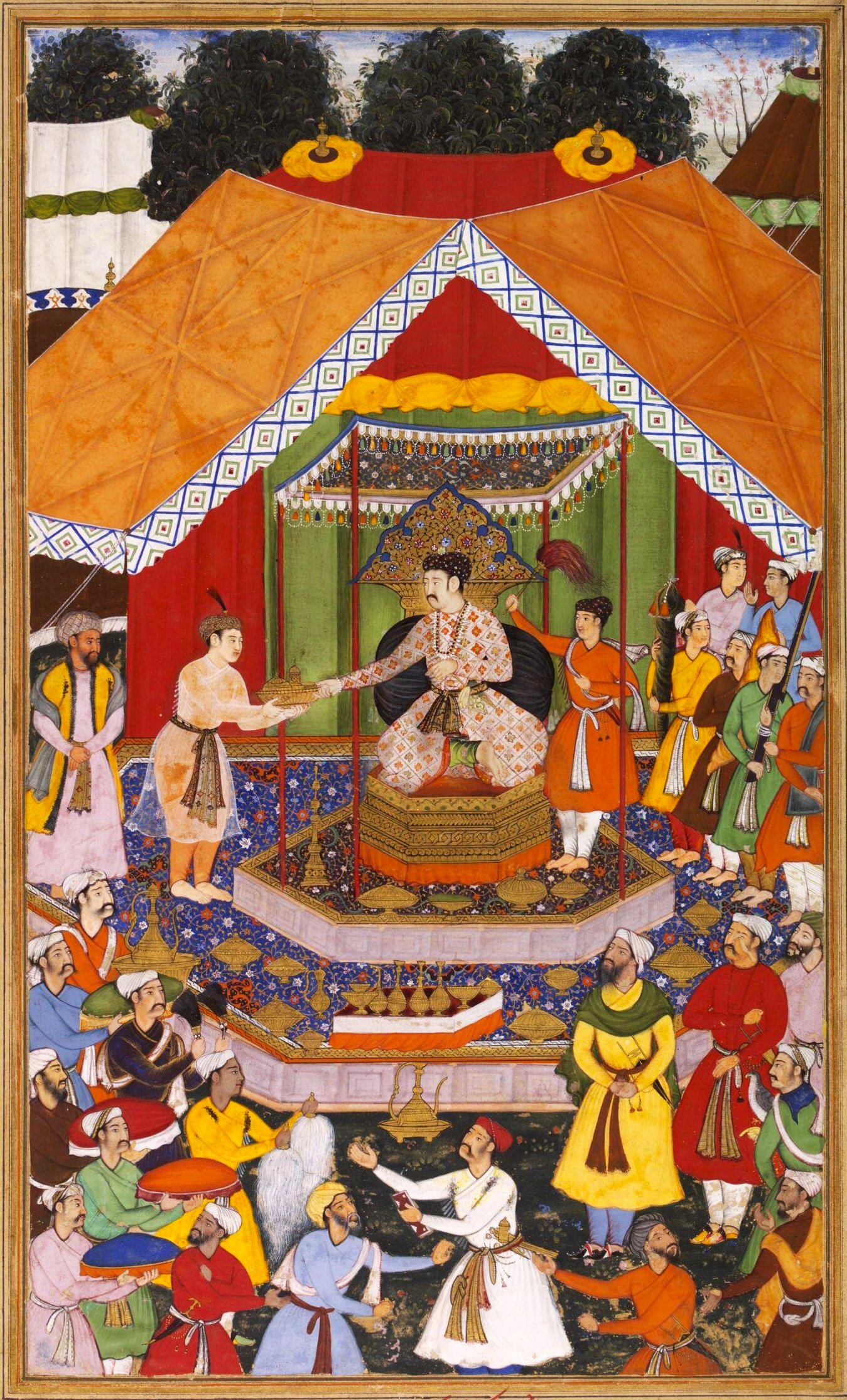 Inside a tent, Akbar sits regally on a throne as his foster brother, Azim Khan, entertains him.