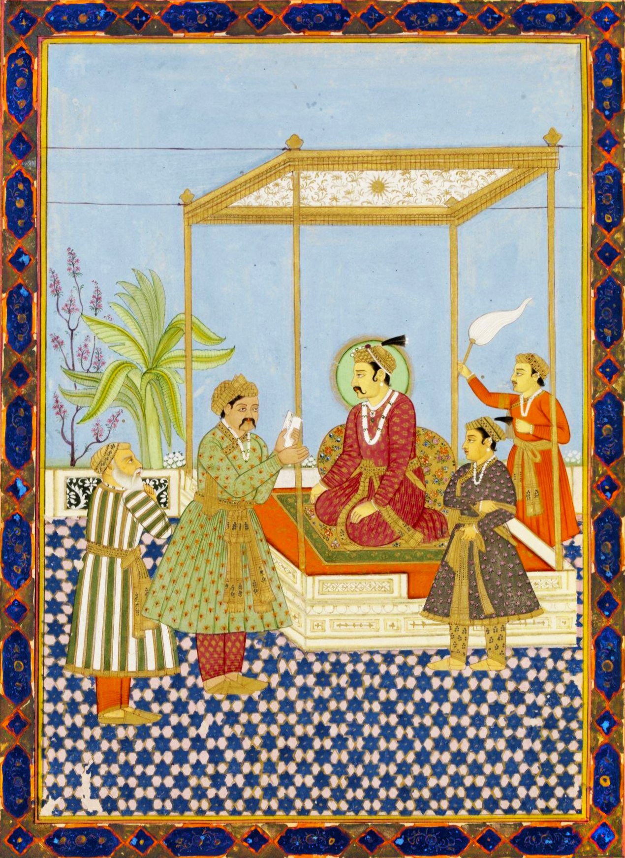 Opaque watercolor and gold painting on paper showcasing Emperor Akbar seated regally on a throne under a canopy, surrounded by attendants.