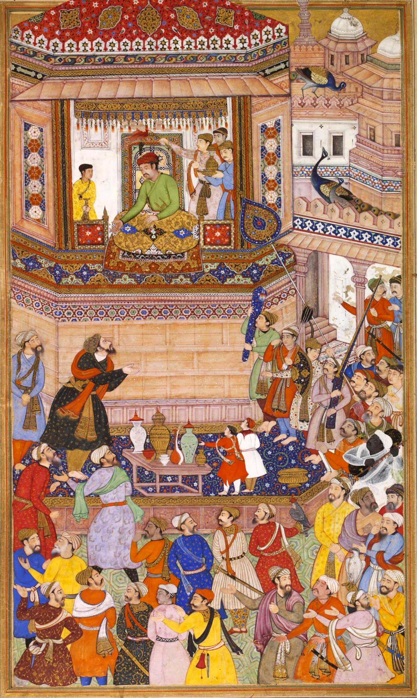 Husain Quli Khan Jahan presents prisoners of war from Gujarat to Emperor Akbar. Surrounded by a gathering of courtiers, Akbar is depicted observing from a balcony window, receiving Khan Jahan's respects.