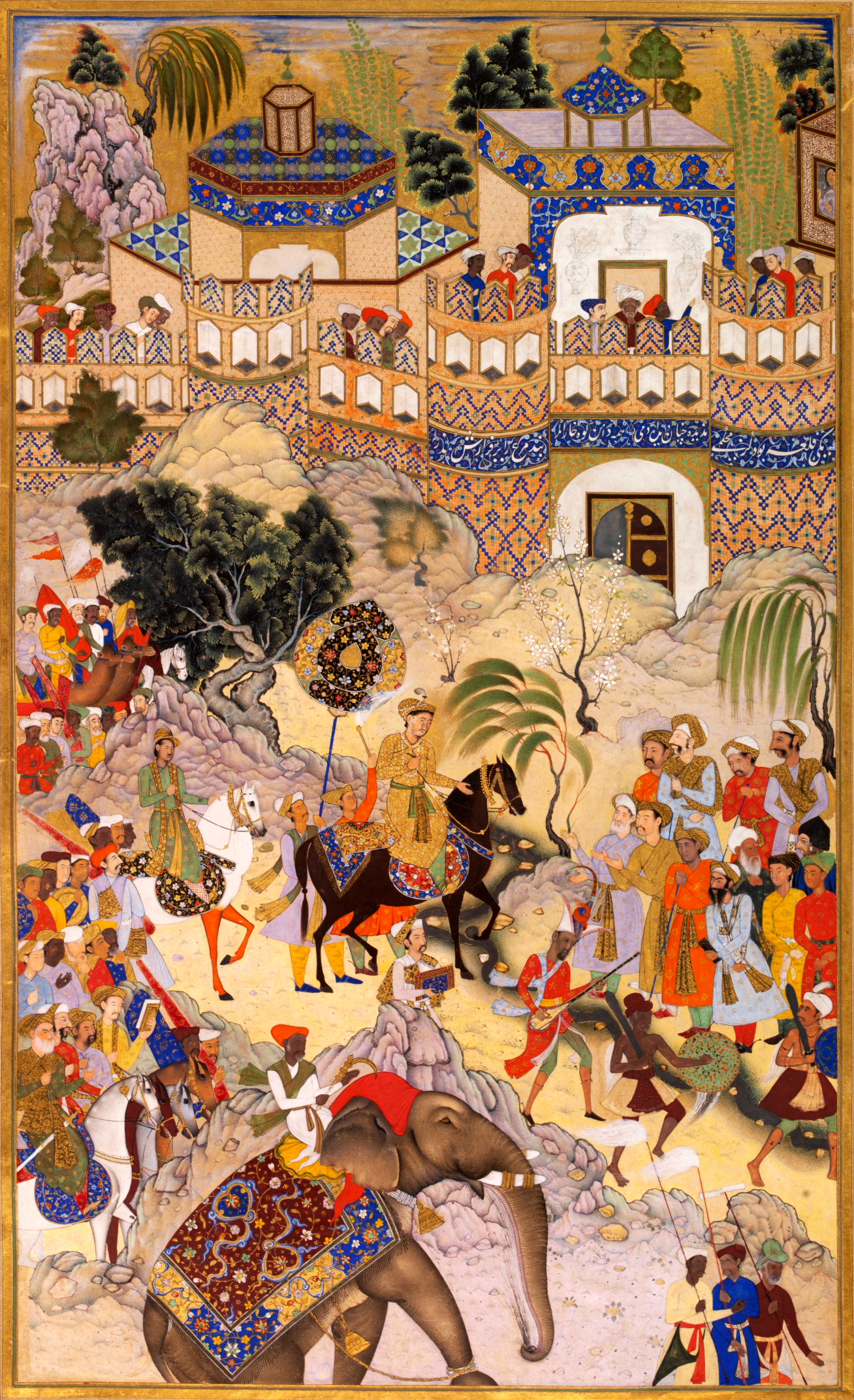 A depiction of Emperor Akbar entering Surat, followed by a procession including a musician, bodyguards, and camels. He observes the Surat fort as he progresses, with an elephant featured prominently in the foreground.