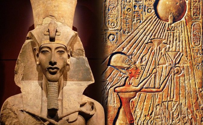 On the left, a stone sculpture of a Amenhotep IV/Akhenaten bust. His hands are crossed at the chest. On the right, Akhenaten in a reverent posture worshiping the sun disk, Aten.