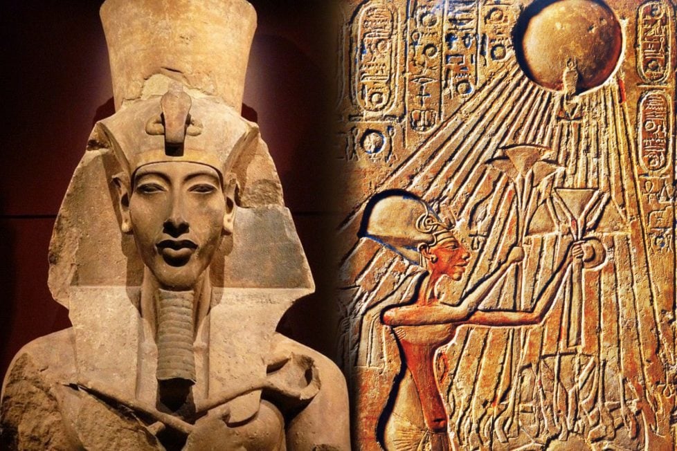 On the left, a stone sculpture of a Amenhotep IV/Akhenaten bust. His hands are crossed at the chest. On the right, Akhenaten in a reverent posture worshiping the sun disk, Aten.