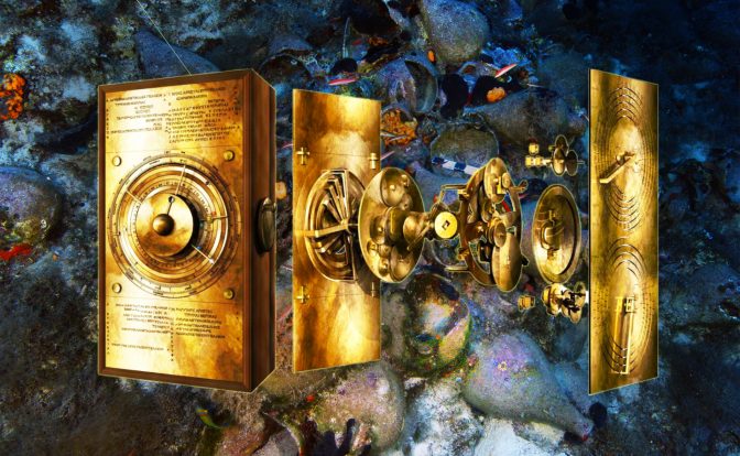 Photo realistic image of a computerized breakdown of the Antikythera Mechanism – golden mechanical device with gears and dials. In the background, an underwater photo of ancient amphora pots covered in coral and sea life, with striped fish swimming near them.
