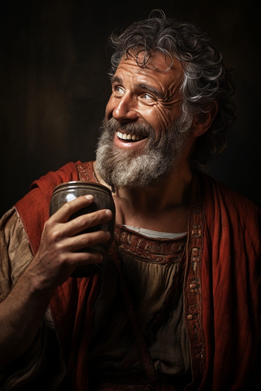 This is an image of a man wearing a red robe and holding a mug. He is smiling. The background is dark. The man has a bushy beard. The man's face is wrinkled and his eyes are deep set.