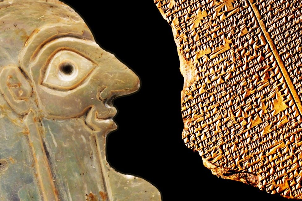 An ancient artifact and a cuneiform tablet on a black background. The artifact is a greenish-blue human head with a large eye and a pointed nose. The tablet is a rectangular clay or stone with small, uniform writing.