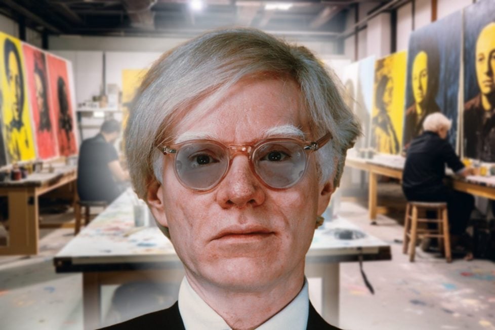 A collage featuring a portrait of Any Warhol wearing glasses and a studio with numerous artists working on paintings.