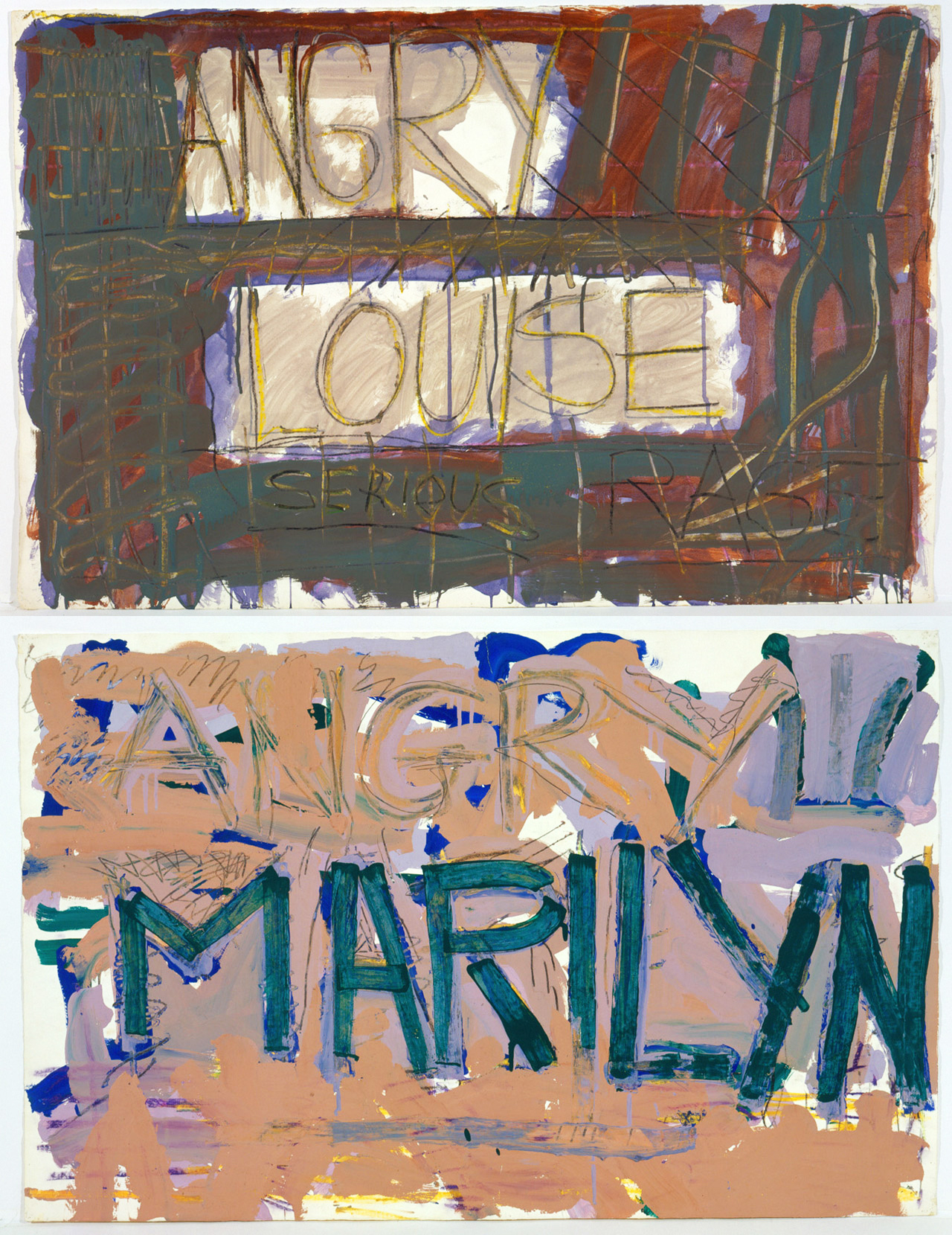 A photo of two abstract paintings with words "ANGRY LOUISE", "SERIOUS RAGE", and "ANGRY MARILYN" in different colors.