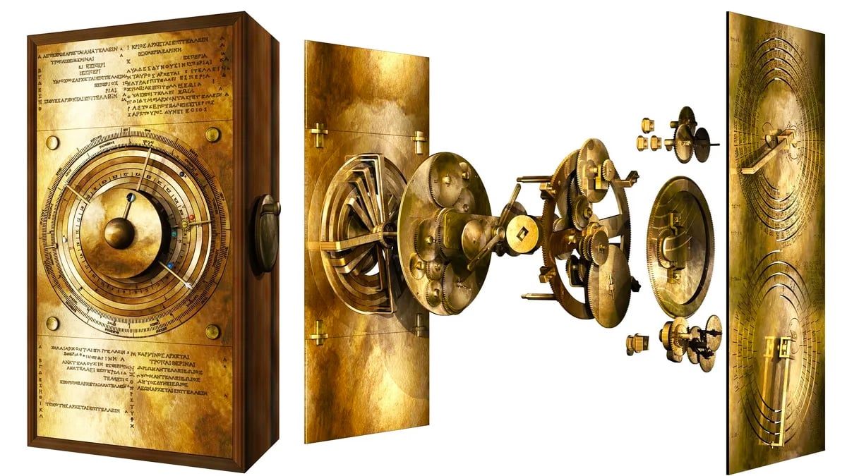 Computerized breakdown of the Antikythera Mechanism: Front plate on the left displays zodiac and calendar dials along with a proposed Greek Cosmos. Center reveals gear structures with a central input gear. Upper right showcases the 19-year Metonic calendar, and the lower right presents the 223-month Saros eclipse prediction dial.