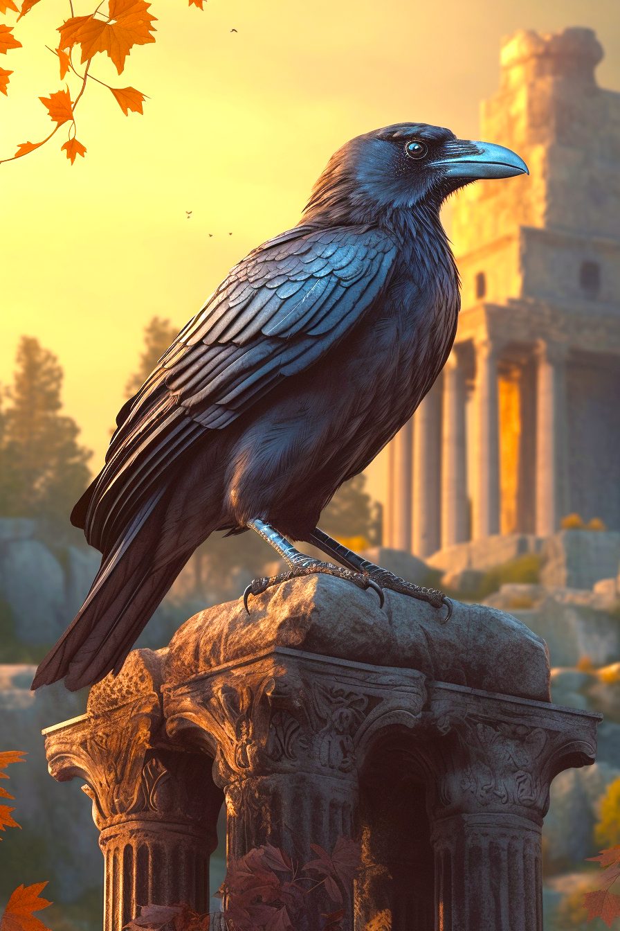 An illustration of Apollo's pet raven perched on top of ancient ruins.