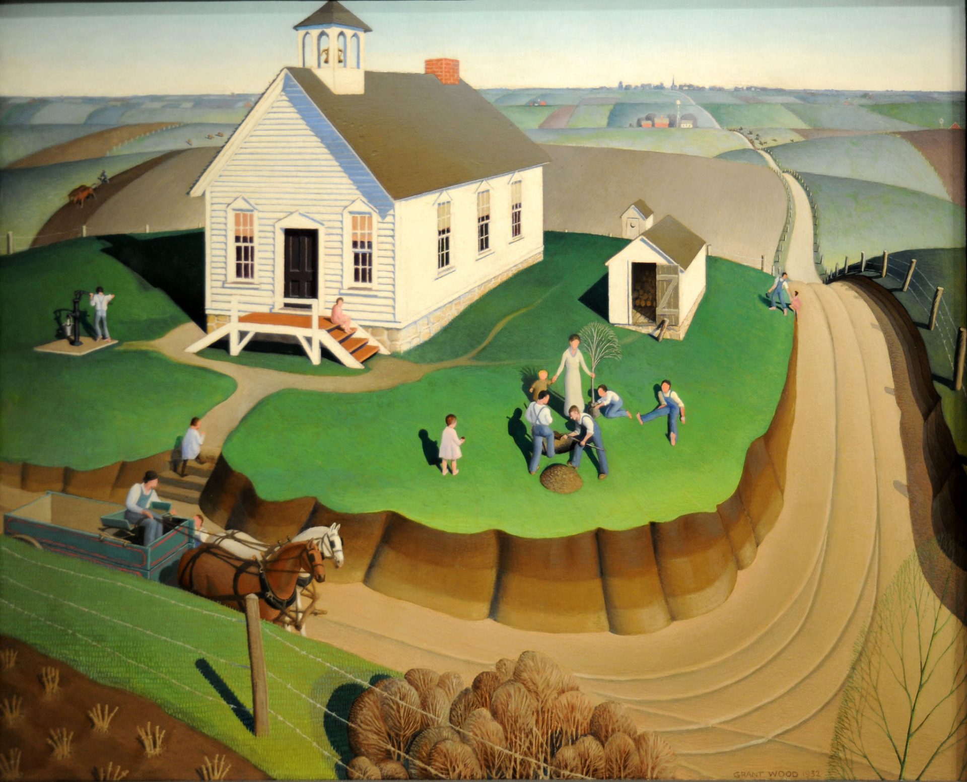 An inviting painting capturing a community event in a rural Midwestern town. In the foreground, a small boy is planting a young tree, surrounded by other townsfolk who watch on and participate in the event. The figures are depicted in Wood's characteristic stylized and simplified manner, dressed in early 20th century attire. The scene is set under a bright, clear sky, with a strong sense of light and shadow. The painting embodies a feeling of community, tradition, and a reverence for nature.