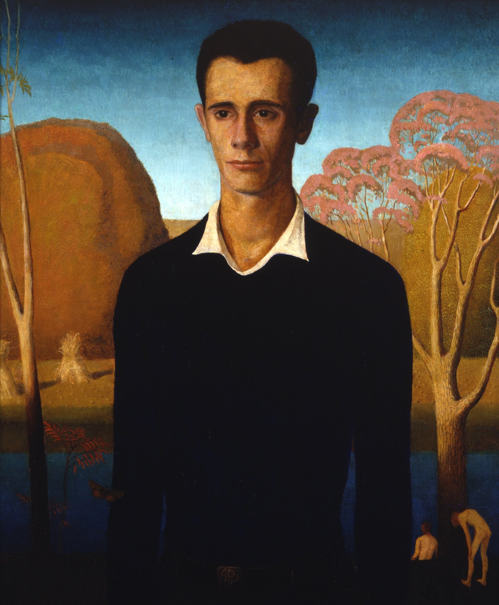 The central focus is a fully clothed male figure of Arnold Pyle, standing in the foreground of a serene rural landscape. He is depicted looking towards the distance with an expression of contemplation. Behind him, in the middle distance, two nude men are bathing in the calm waters of a river. The painting symbolizes the transition from youth to adulthood, with Arnold seemingly contemplating his own maturity in contrast to the more carefree actions of the bathing men.