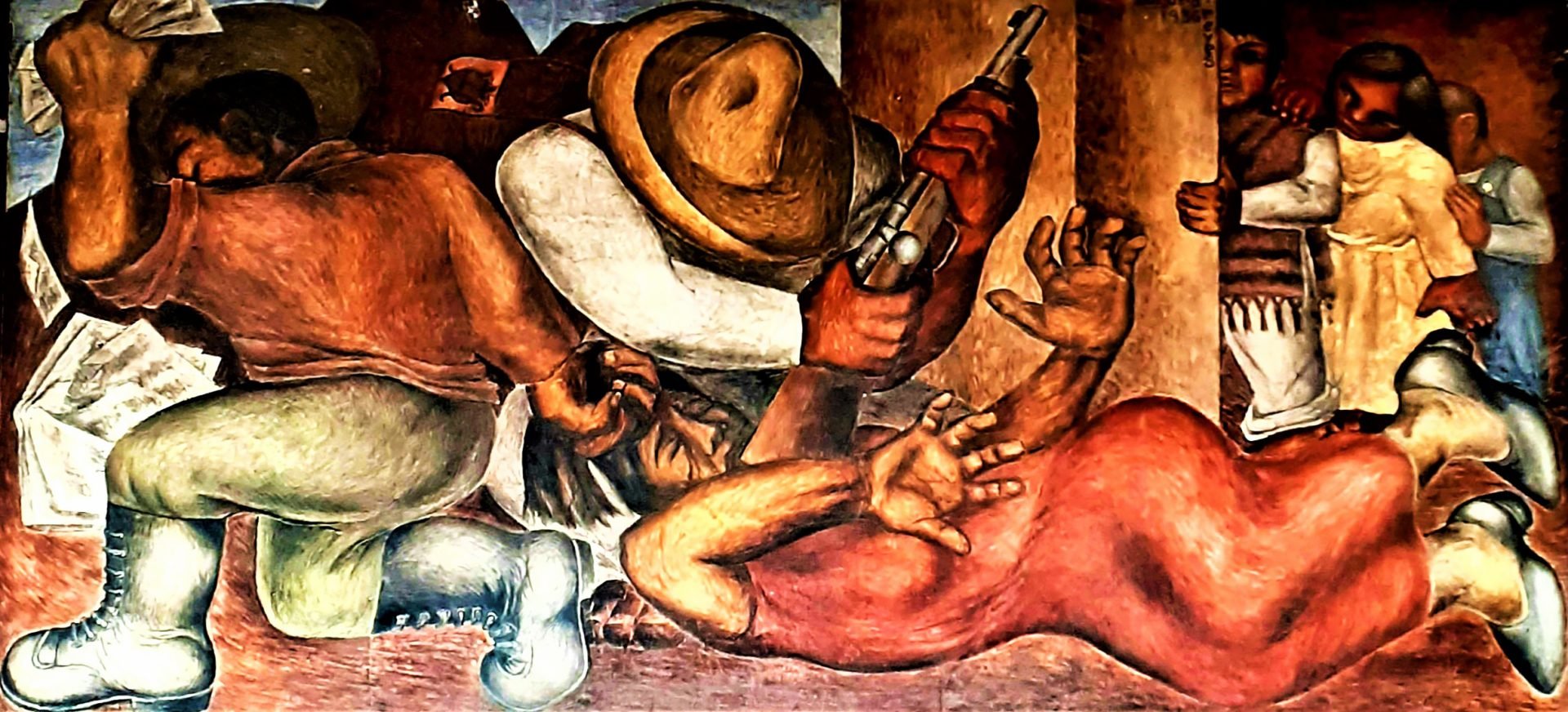 eyes’ painting depicts a violent attack on a rural teacher, inspired by a real incident in San Felipe Torres Mochas, Guanajuato. A female teacher is depicted being assaulted by a man who simultaneously destroys a book and holds money, while students watch. Symbols like a scapulary and money highlight violence's roots in religion and capitalism. Reyes, an activist and communist, critiques not just the individual aggressors but the broader socio-political system fueling such violence.