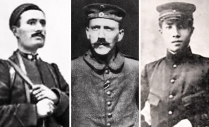 A collage of Axis leaders in World War 1 military uniforms, from left to right: Benito Mussolini, Adolf Hitler, Hideki Tojo.