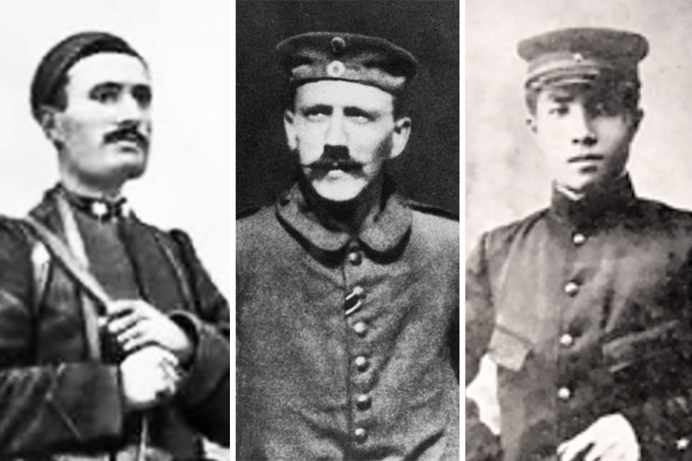A collage of Axis leaders in World War 1 military uniforms, from left to right: Benito Mussolini, Adolf Hitler, Hideki Tojo.