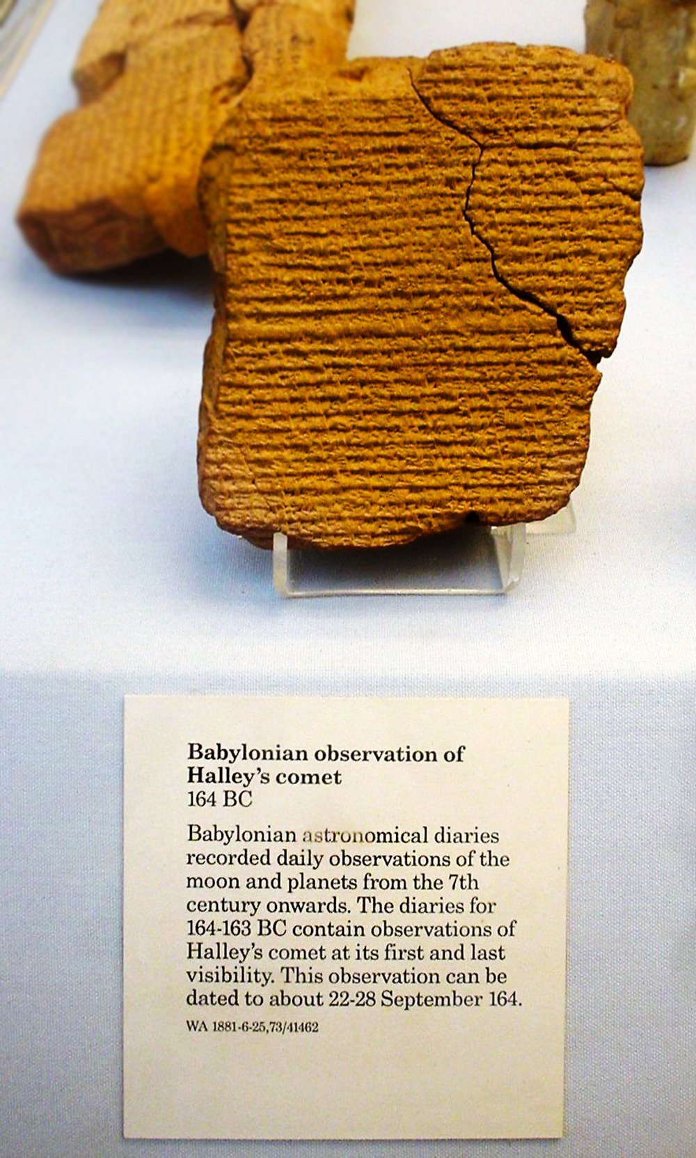 Babylonian tablet from 164 BC, inscribed with symbols and text, documenting the appearance of Halley's comet.