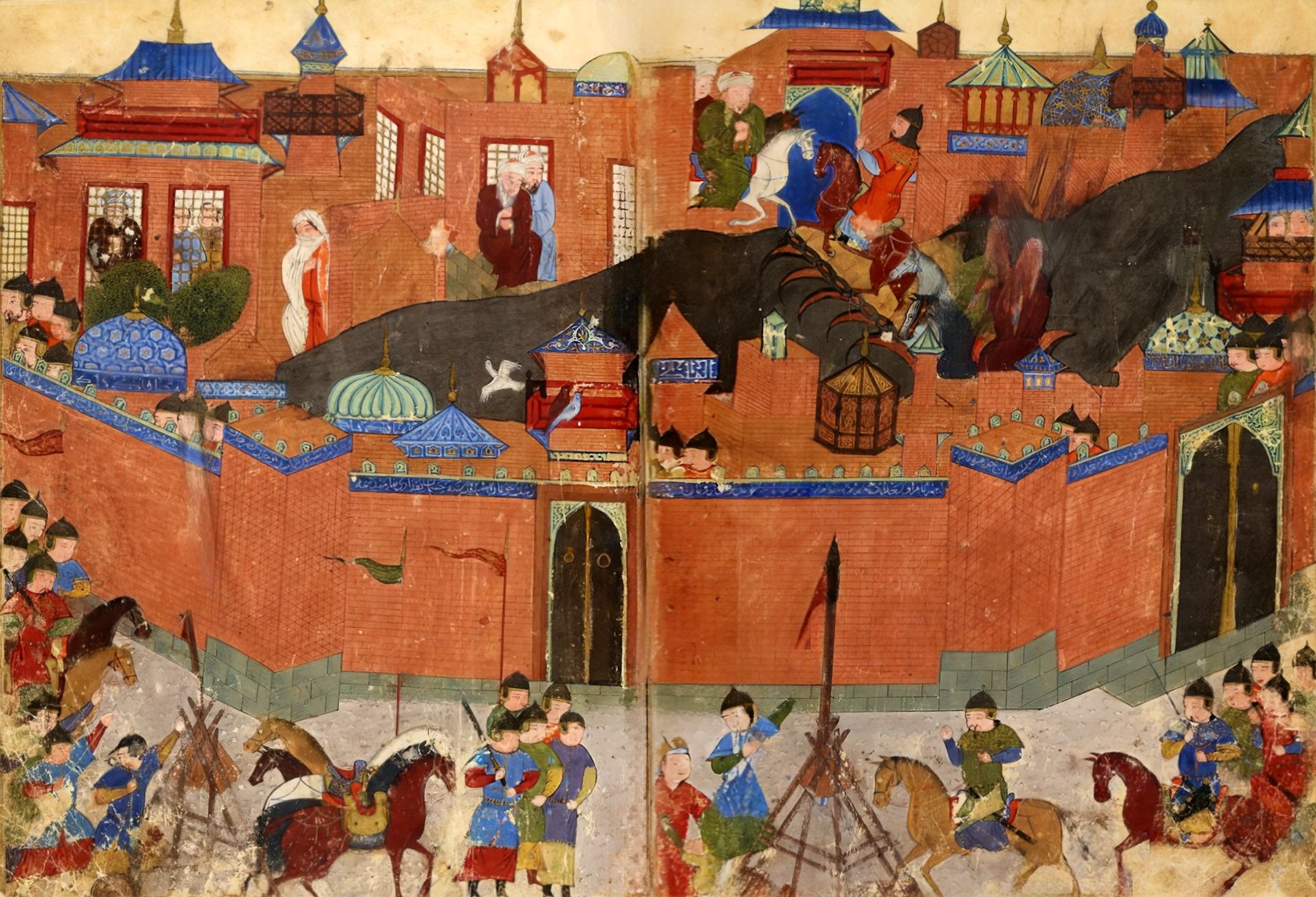 An image of a medieval painting, showing a city of Baghdad with red walls and blue roofs. The city is filled with people, horses, and buildings. Mongolian army is surrounding the city walls.
