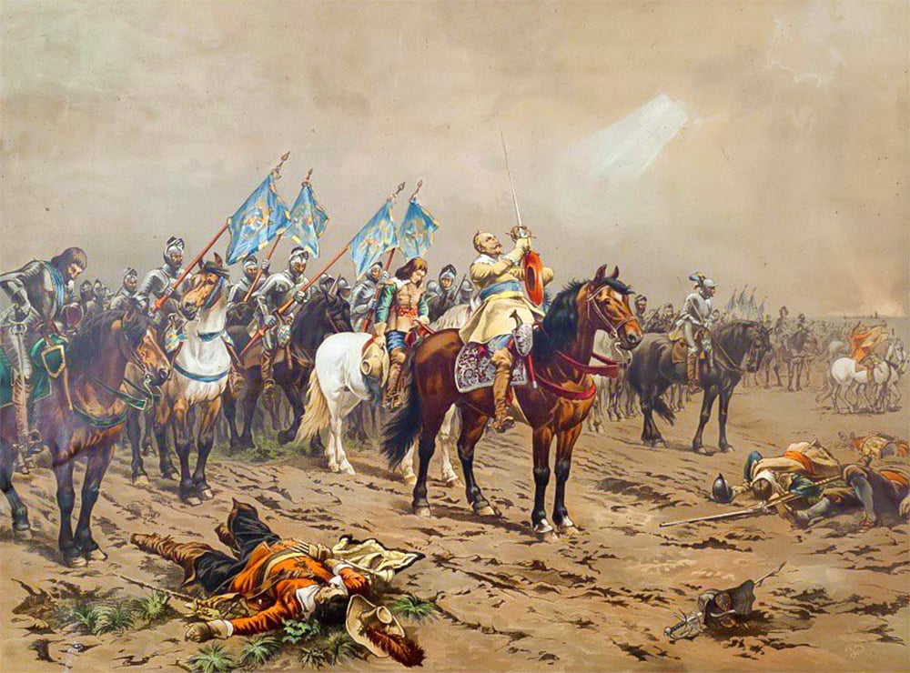 The image portrays King Gustav in a moment of prayer, sword raised skyward, prior to the battle of Lutzen. Behind him, cavalry bearing flags can be seen, while in front lie fallen soldiers.