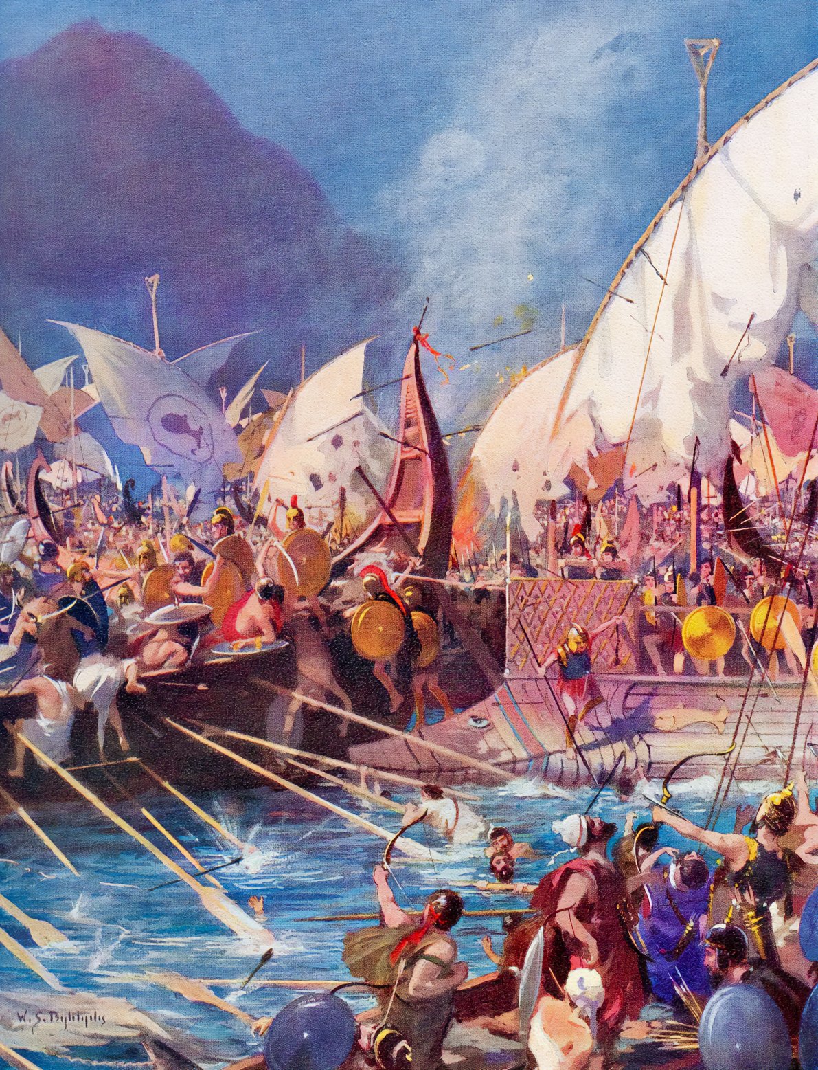 An illustration of the Battle of Salamis when Greeks prevailed over the Persian fleet.