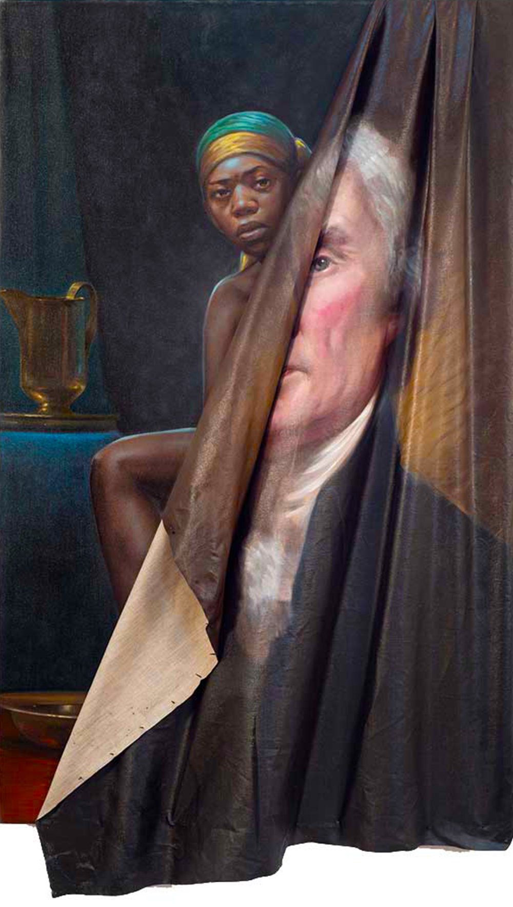 The artwork reimagines an iconic Thomas Jefferson portrait, "peeling" it back to unveil a hidden portrait of an enslaved black woman. Emerging from behind the folded canvas, she stands out with a vivid green headscarf with a gold band and a golden pitcher, set against a dim, shadowy backdrop.
