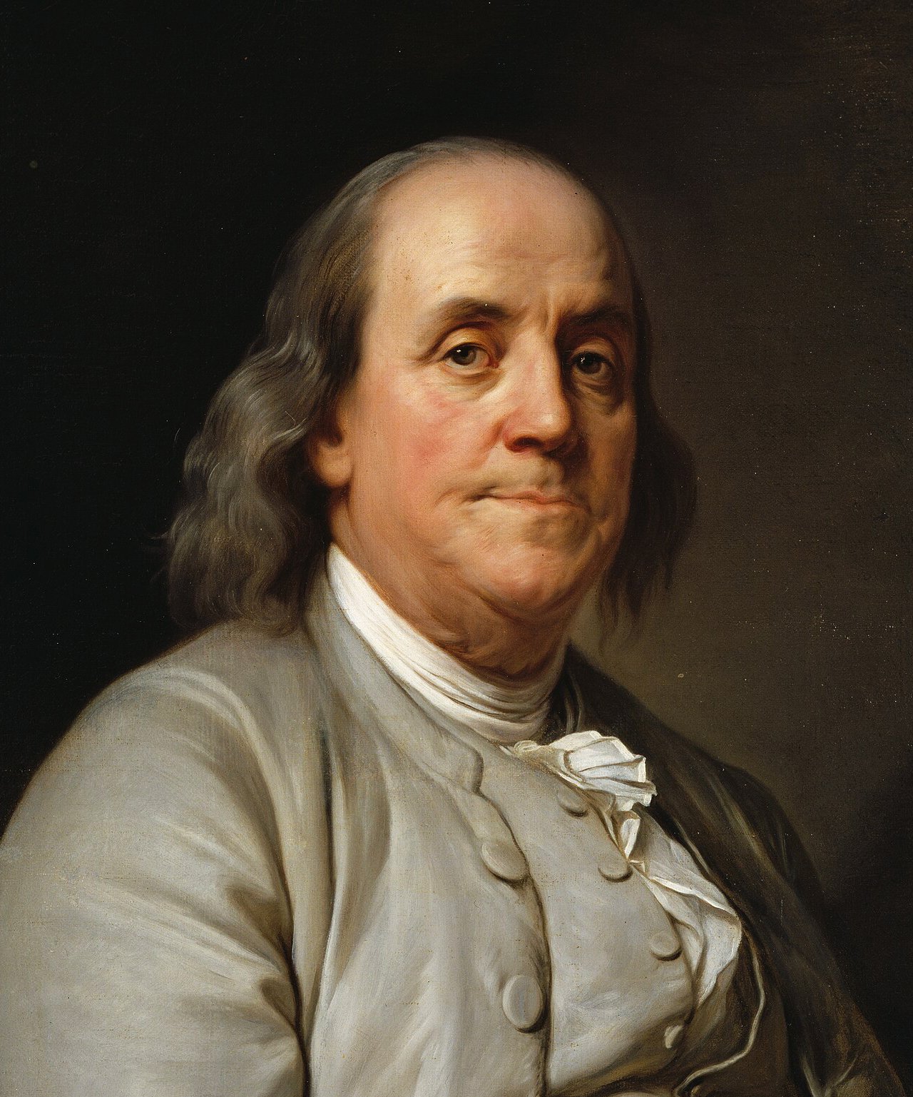 Portrait of Benjamin Franklin in a gray coat and a white cravat.