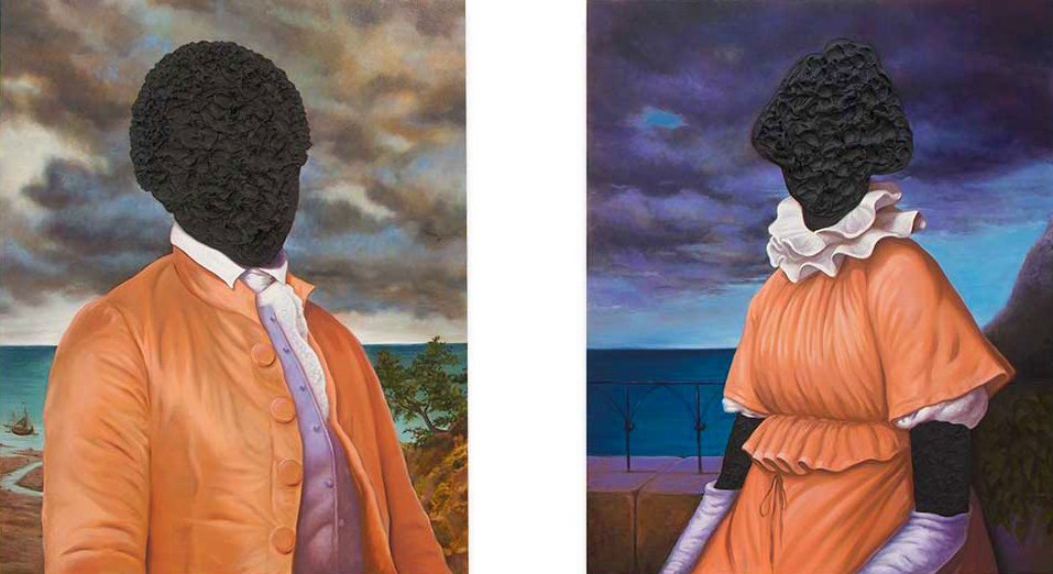 A diptych painting of two figures Billy Lee & Ona Judge with their faces blurred out by tar, standing in front of a beach and ocean scene. The figures are wearing peach-colored outfits. The figure on the left is wearing a suit and the figure on the right is wearing a dress with a white collar. The figures’ faces are covered by tar looking like black curly hair, obscuring their identities and suggesting a sense of mystery or anonymity.