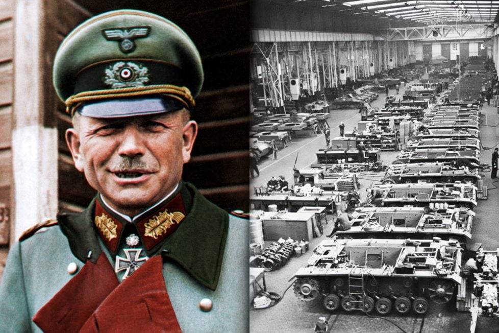 German General Heinz Wilhelm Guderian in the left, wearing a military cap and uniform during World War II in 1944, on the right factory workers build tanks in a factory for the German Army during World War II.