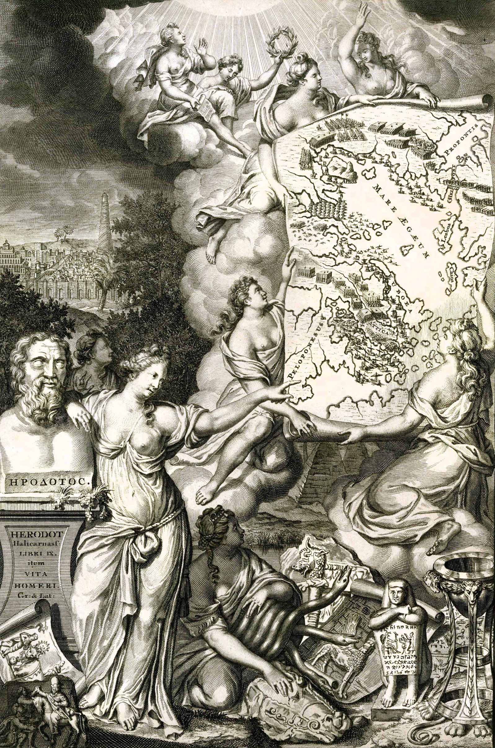 Title-page illustration: Pedestal with title in the lower left; women displaying a map of Greece to the right, a woman resting by a pedestal featuring Herodotus' bust on the left. Greek and Egyptian relics are in the bottom right, with Alexandria's skyline, including the Pharos, in the background to the left. This represents the title for Book 9 of Herodotus.