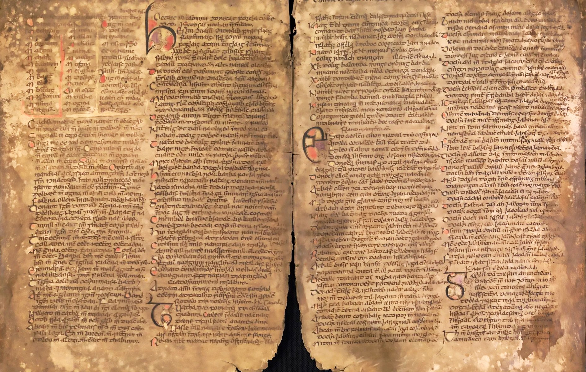 Image of pages from the 12th-century Book of Leinster, held at The Library of Trinity College Dublin, displaying the text of 'The Intoxication of the Ulstermen', a narrative from the Ulster Cycle, with intricate medieval script and embellishments.