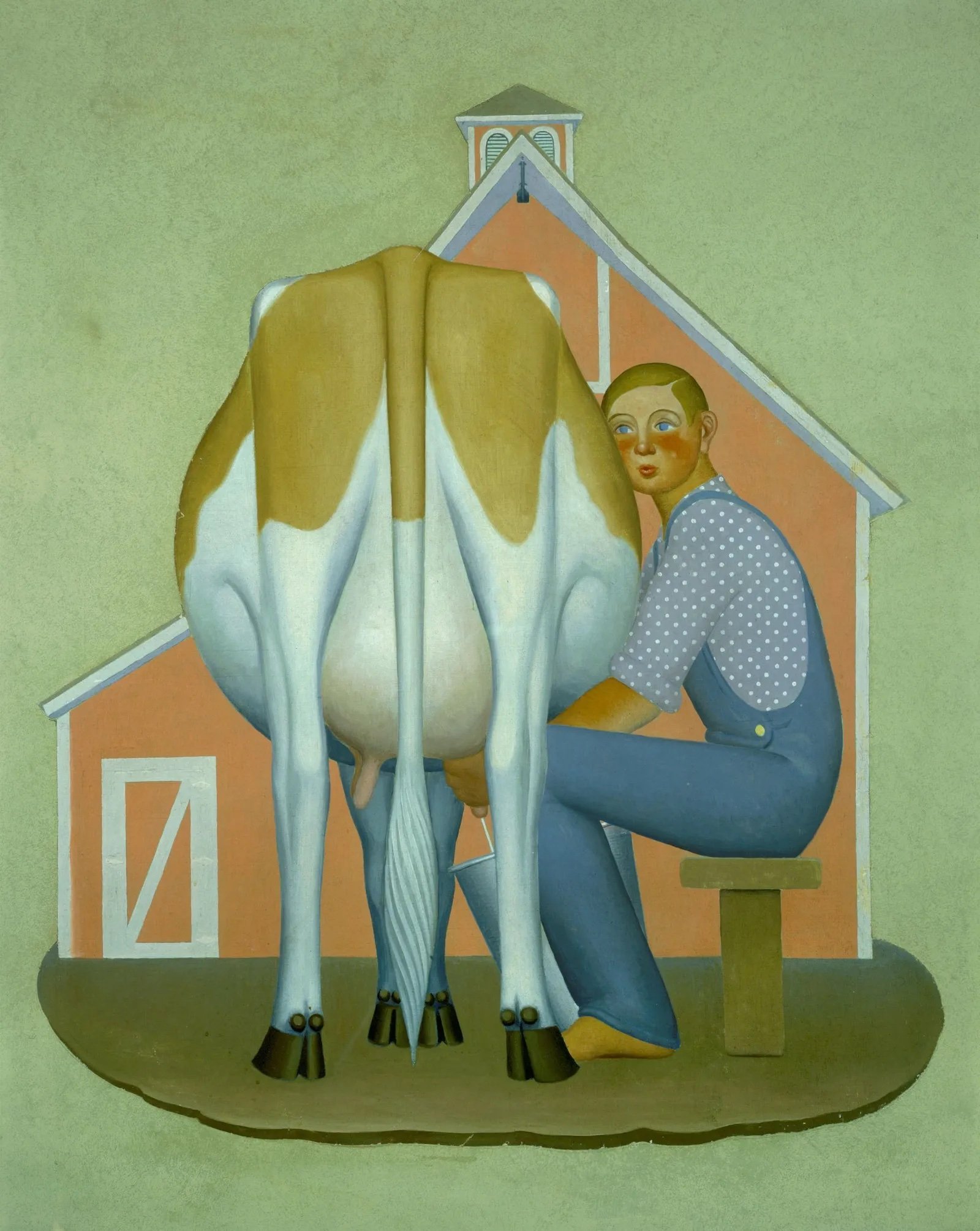 This painting portrays a young boy in overalls milking a brown and white cow, a common rural task. The boy is kneeling on a stool next to the cow, his hands working methodically. The cow stands placidly, suggesting a sense of mutual trust and familiarity between the two. Behind them, a traditional barn rises, its presence reinforcing the rural setting. The painting, dominated by earthy tones, captures a quiet moment of everyday farm life, evoking a sense of harmony between humans and nature in the rural Midwest.