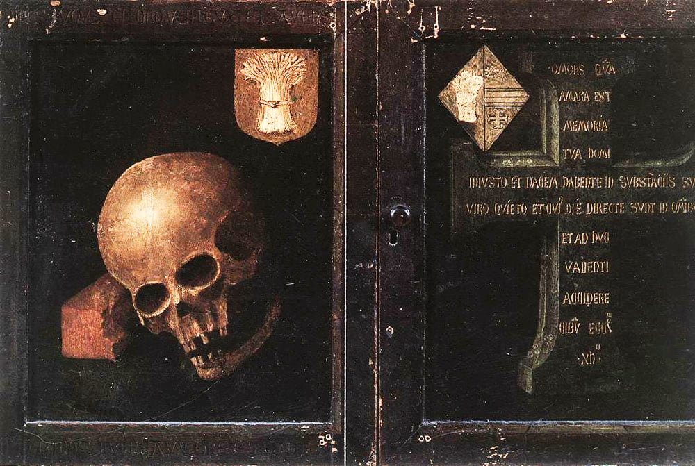 Outer panels of the Braque Family Triptych by Rogier van der Weyde, showcasing a skull and a cross.