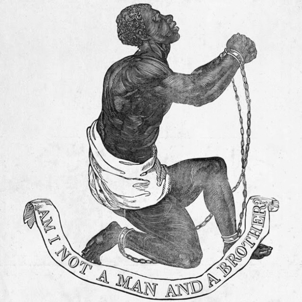 Woodcut illustration of a chained black male slave, with a ribbon inscribed: “Am I not a man and a brother?”