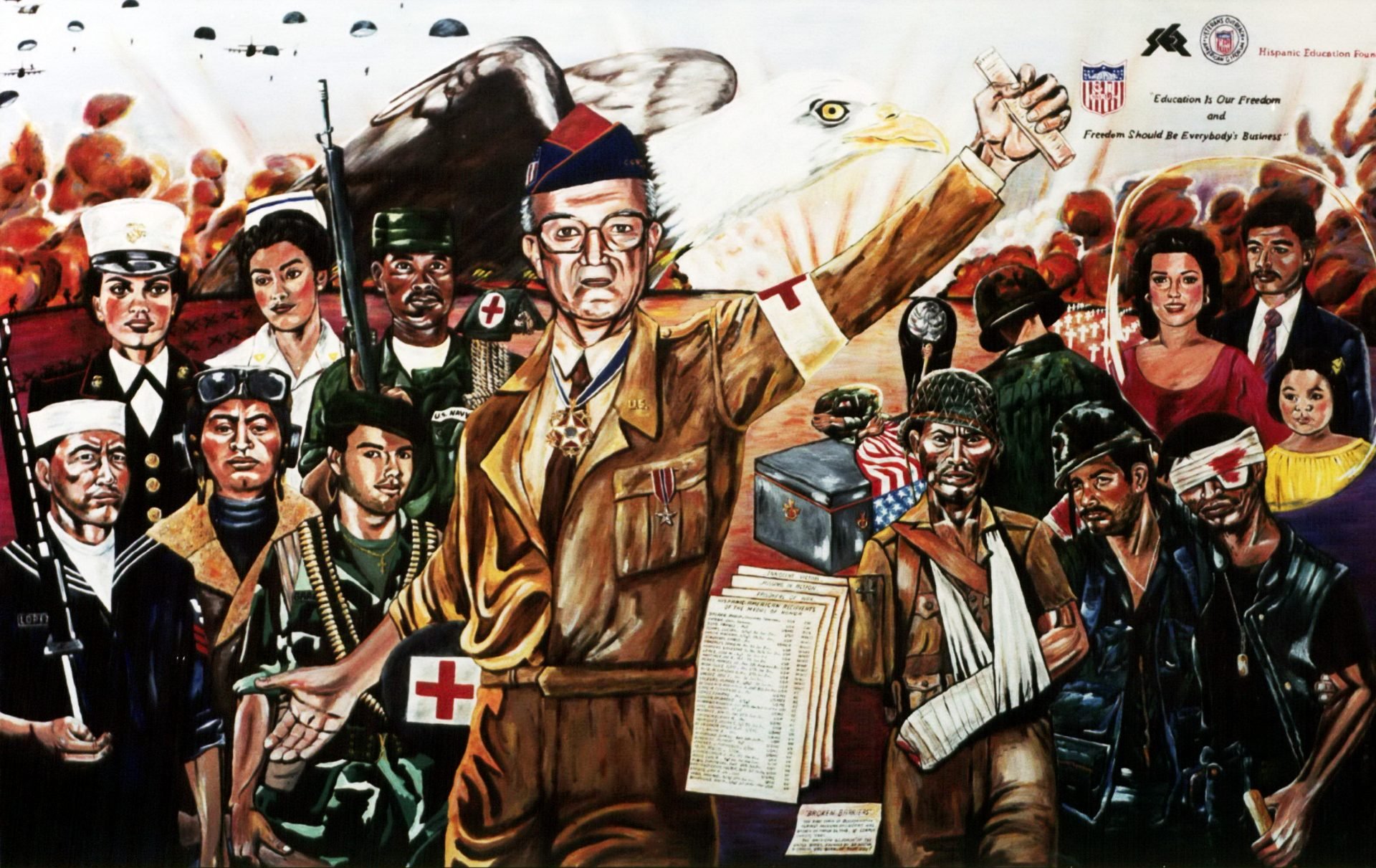 A mural depicting various Mexican-American Veterans and Héctor P. García advocating for their rights . The figures are in different styles and wear different types of uniforms, such as military and medical. In the top right corner it reads: “Education is Our Freedom and Freedom should be Everybody's Business”.