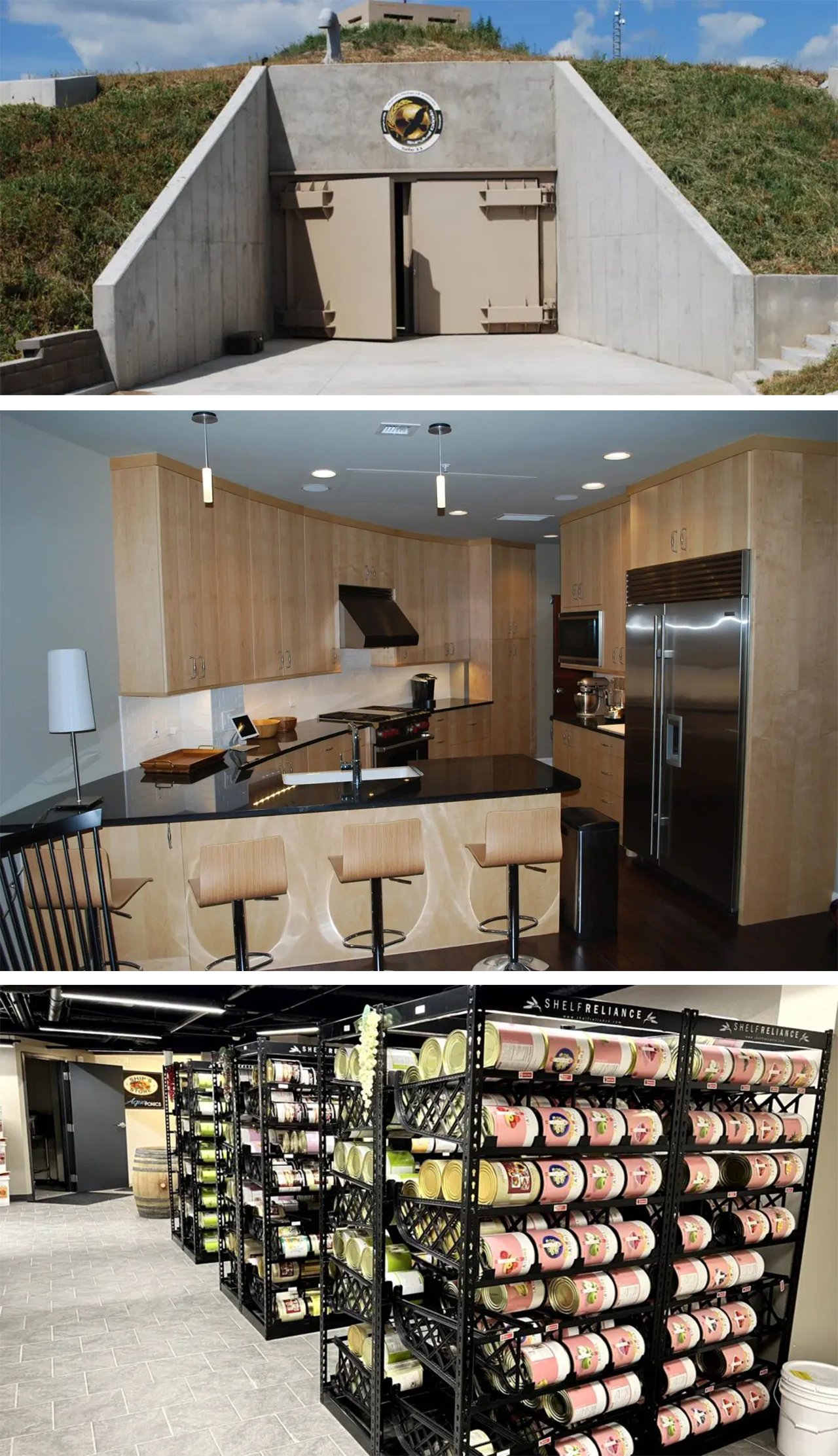 A collage of three images of a bunker apartment complex. The first image is an exterior shot of the missile silo bunker. It is a concrete structure with a sloping roof and a circular logo. The missile silo is built into a hill and has grass growing on the roof. The second image is an interior shot of the kitchen. It has wooden cabinets and a large island with a sink and a cooktop. There are stainless steel appliances and a kitchen counter with chairs. The third image is an interior shot of a prepping storage with survival food in cans. It has black metal racks for storing the food cans. The floor is made of stone tiles.