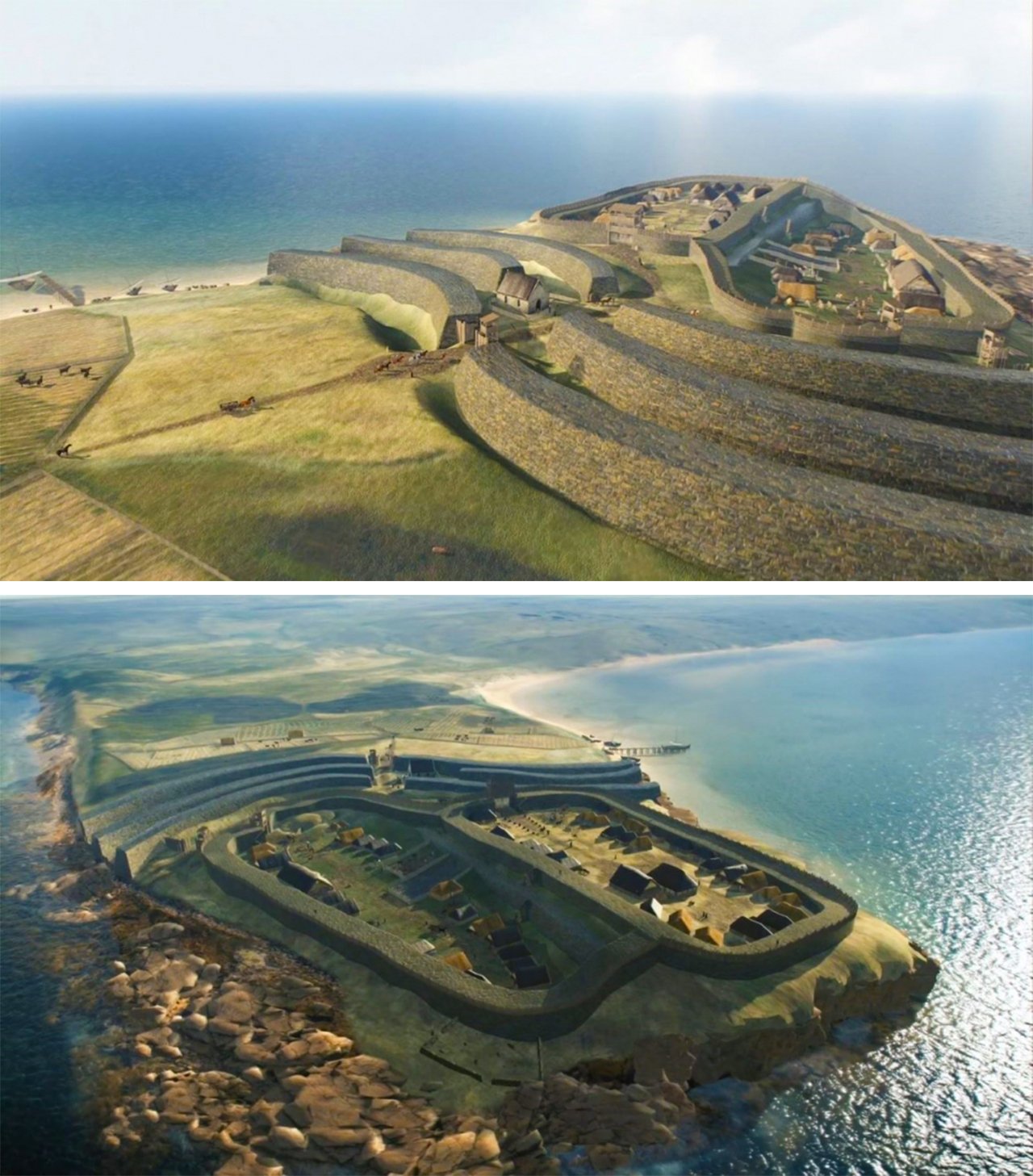A two-part image of a Burghead fort on a peninsula. The top image is an aerial view of the fort from the land side, showing its stone structure and multiple levels and sections. The bottom image is an aerial view of the Burghead fort from the sea side, showing its location on a green grassy area with a beach and a rocky coastline. The fort has multiple walls, and is surrounded by water on three sides. The sky is blue and the water is a light blue-green color.