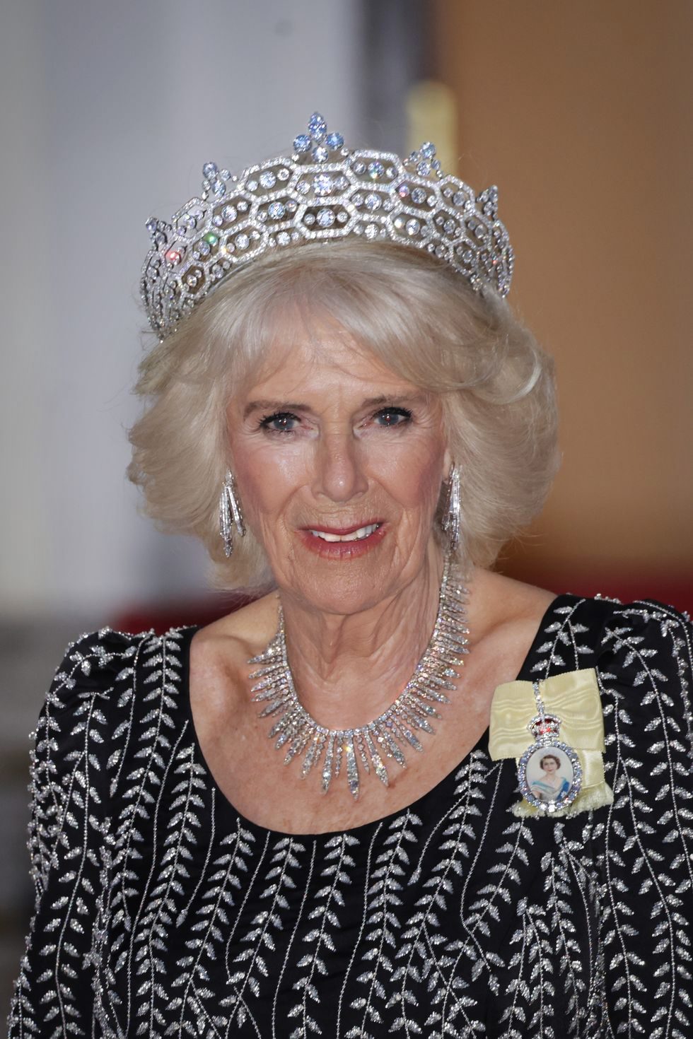 A photograph of Queen Camilla wearing a large diamond tiara and a diamond necklace. A diamond encrusted portrait of Queen Elizabeth is pinned to her sleeve.