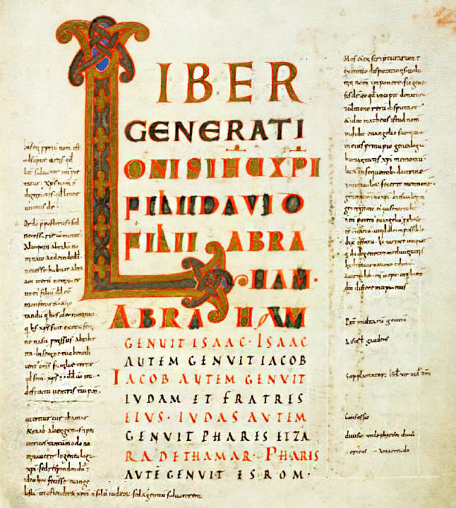 An illuminated manuscript page from a medieval book written in Latin. The page has a large decorated initial “L” on the left side with red, blue, and gold colors. The text on the page is written in black ink and is arranged in three columns.