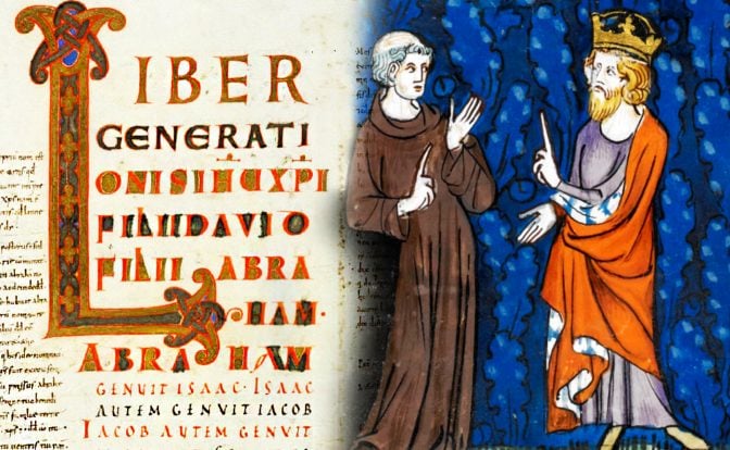 A medieval manuscript page with an illustration of a king and a monk. The king Charlemagne wears a crown and a red robe. The monk Alcuin wears a brown robe. The background is blue. The manuscript is written in Latin with red and black letters. The left side of the page has a large red initial “L” with gold and blue decoration.