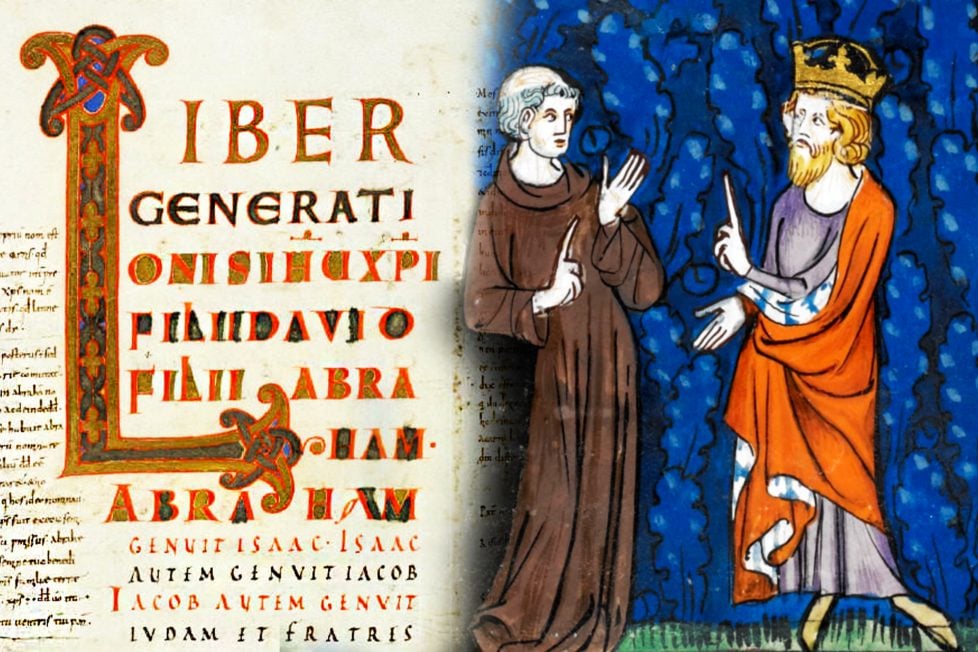 A medieval manuscript page with an illustration of a king and a monk. The king Charlemagne wears a crown and a red robe. The monk Alcuin wears a brown robe. The background is blue. The manuscript is written in Latin with red and black letters. The left side of the page has a large red initial “L” with gold and blue decoration.