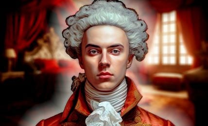 An illustration of Casanova, a young man dressed in fancy clothes. He is wearing a white wig. He has a blank look on his face. The background is a renaissance era aristocratic bedroom.